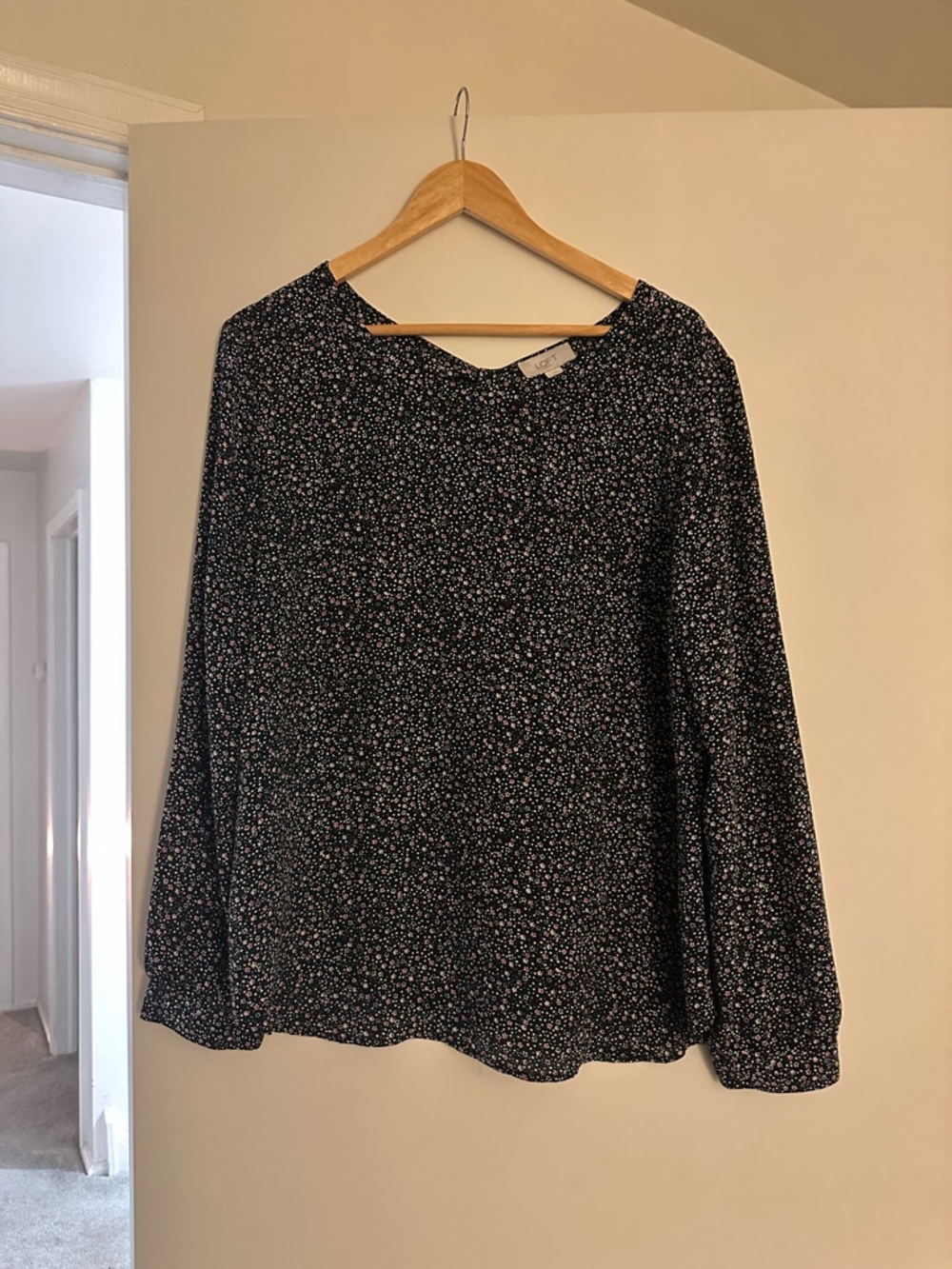 LOFT Black Micro-Print Long Sleeve Blouse